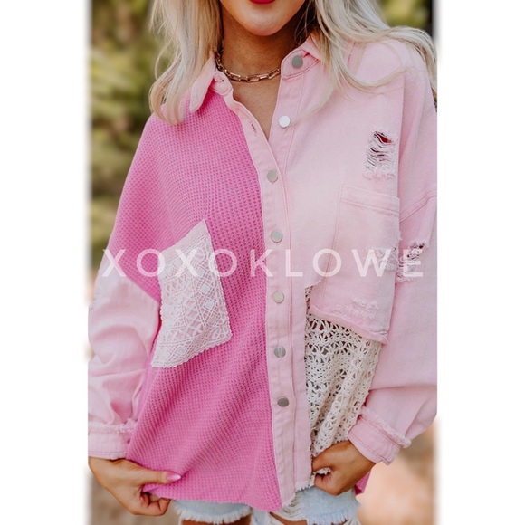 LAST ONE POL Pink Patchwork Button Down Crochet Lace Denim Oversized Fit - Picture 6 of 15